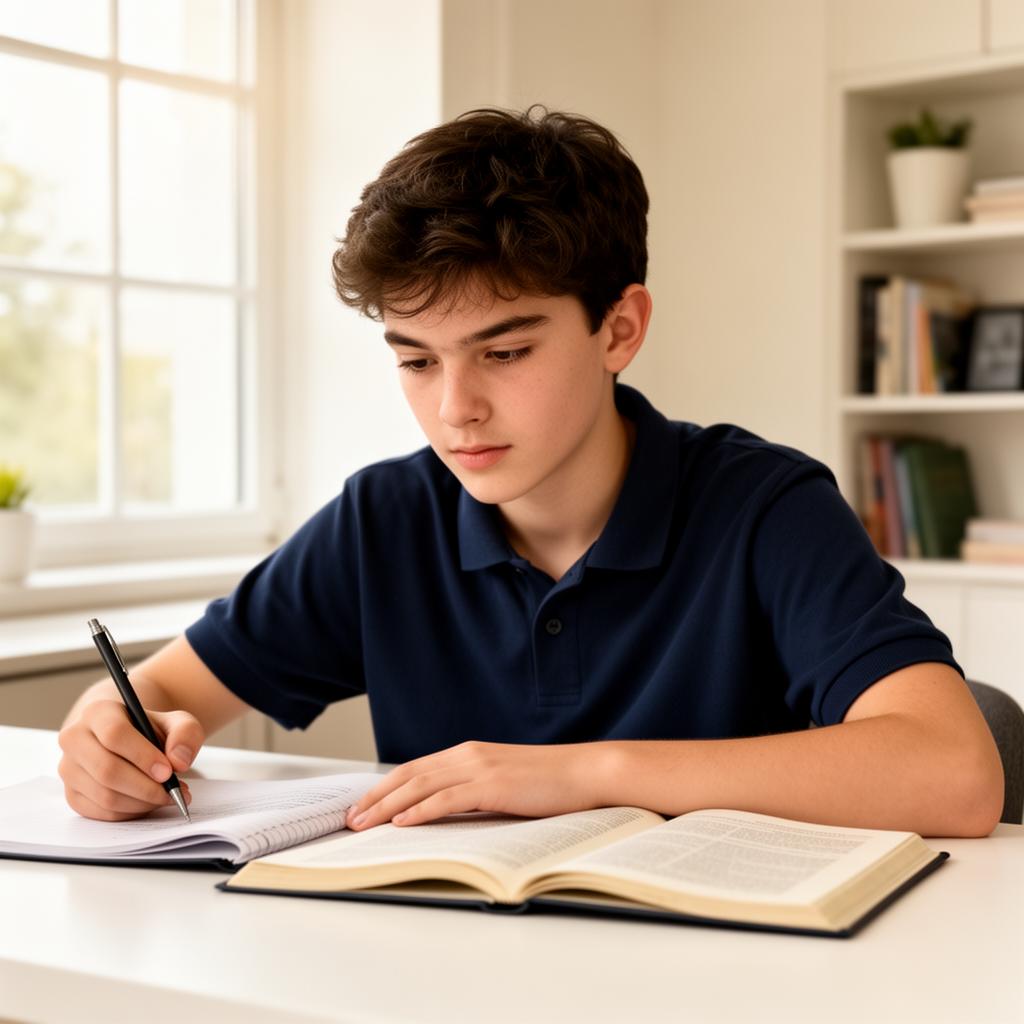 Konzentrierter Schüler lernt am Schreibtisch